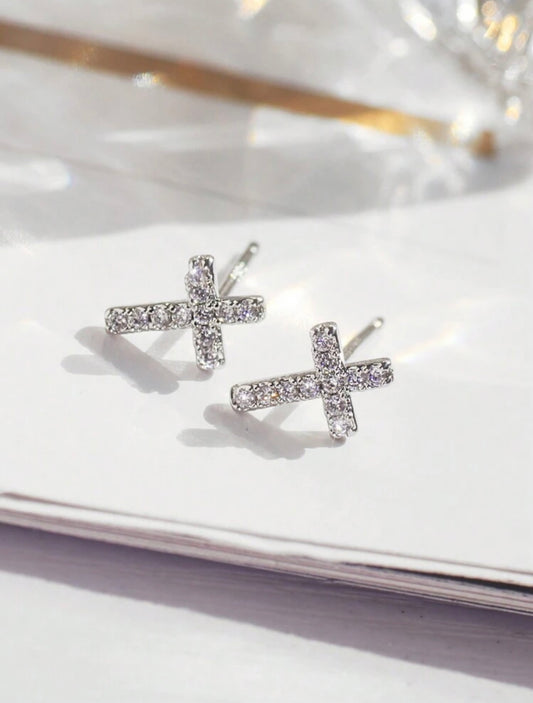 Hypoallergenic Tarnish Resistant Gold plated Silver Tone Cross Stud Earrings with CZ