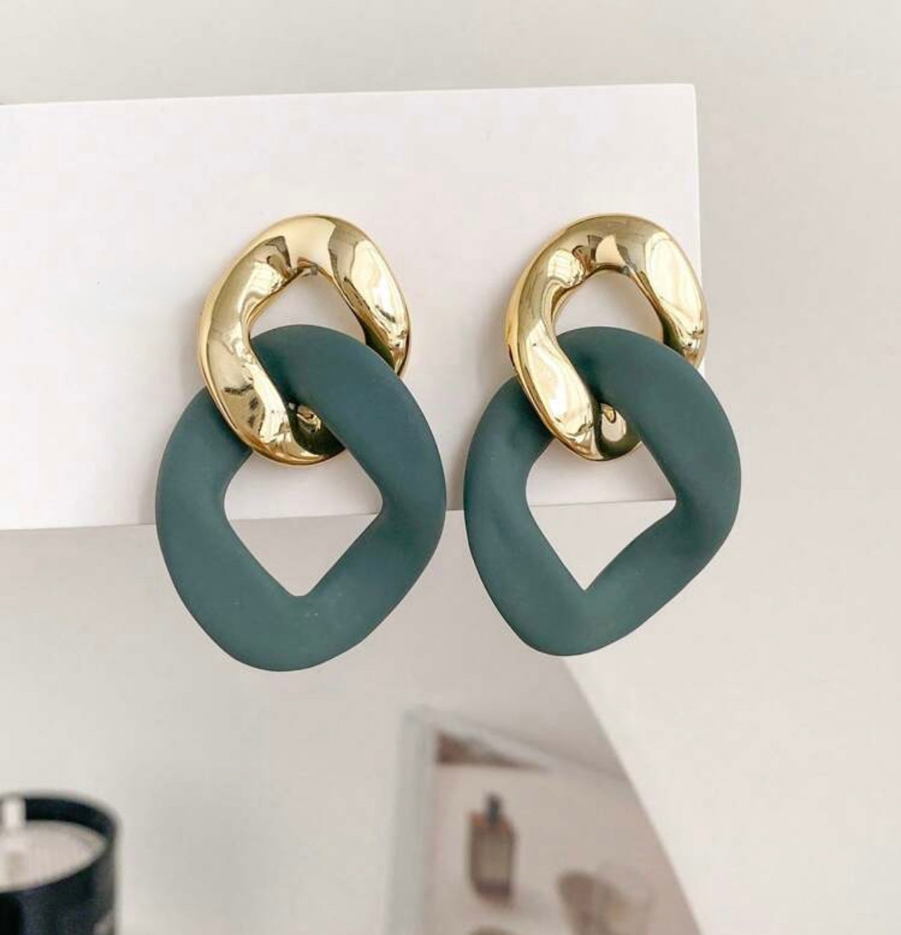 Gold and Green Geometric Drop Earrings – Bold Colour, Modern Edge