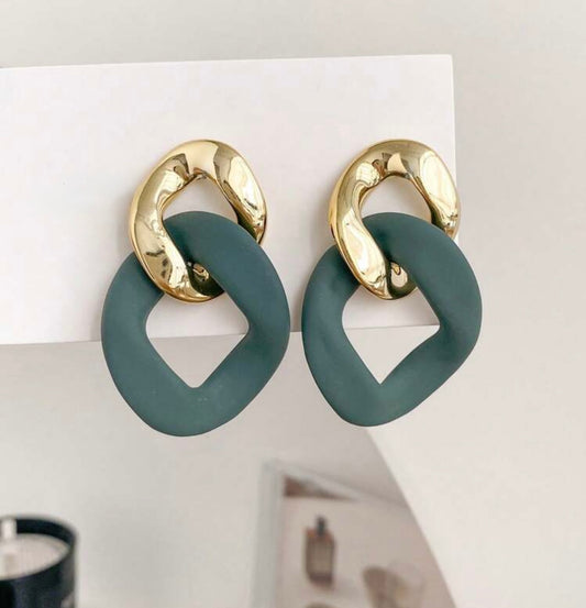 Gold and Green Geometric Drop Earrings – Bold Colour, Modern Edge