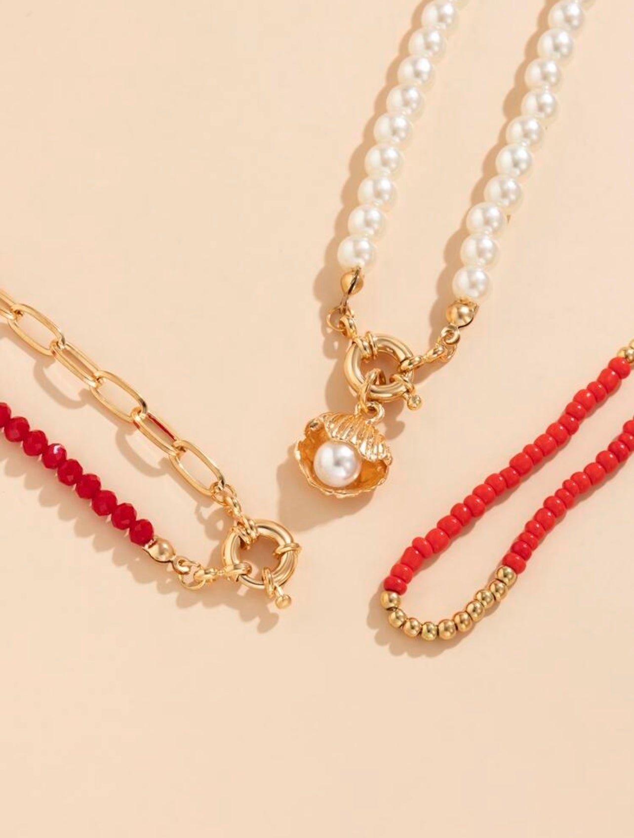 3pc Nautical Shell Necklace Set – Faux Pearls, Red & Blue Beads, and Gold Charm Accents