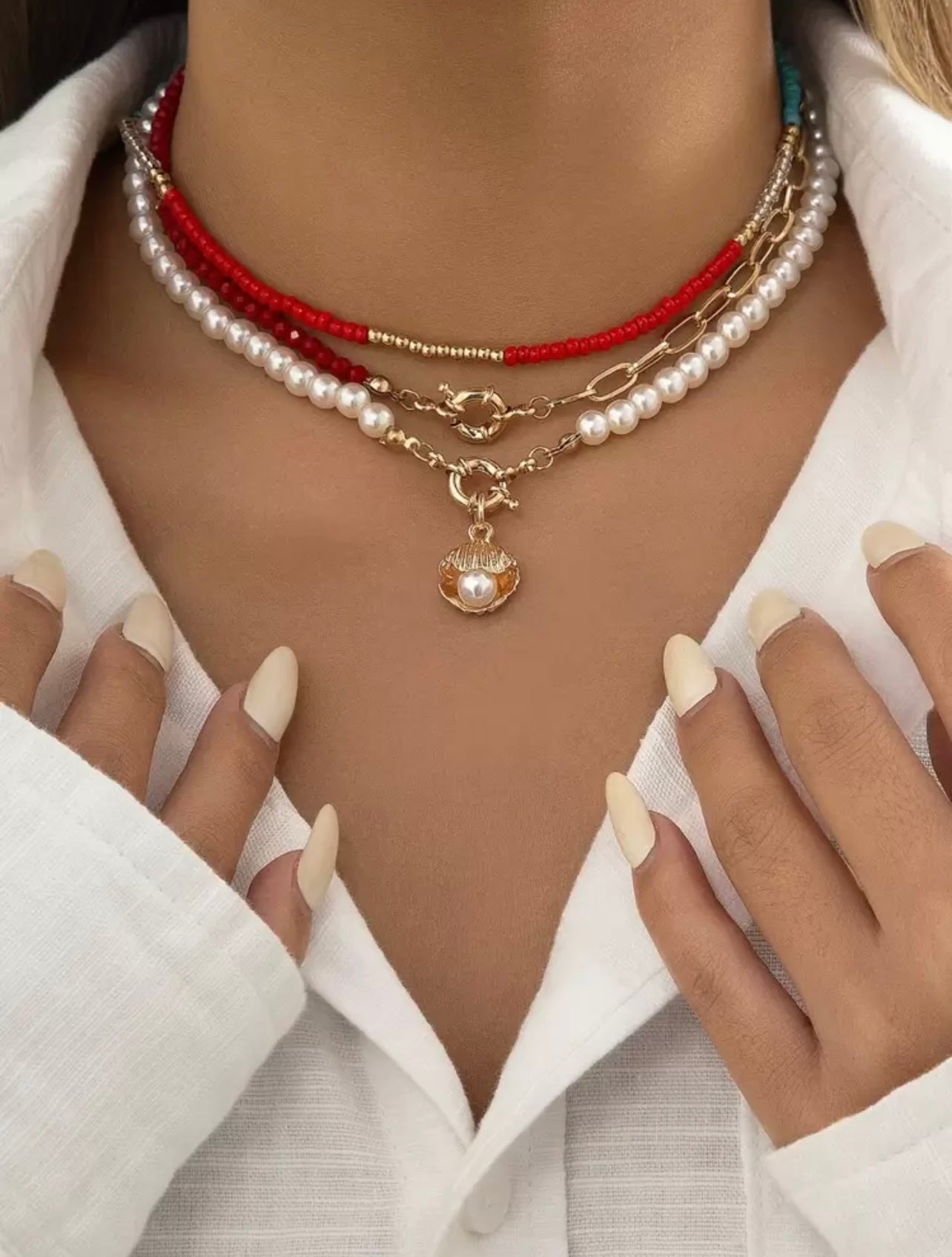 3pc Nautical Shell Necklace Set – Faux Pearls, Red & Blue Beads, and Gold Charm Accents