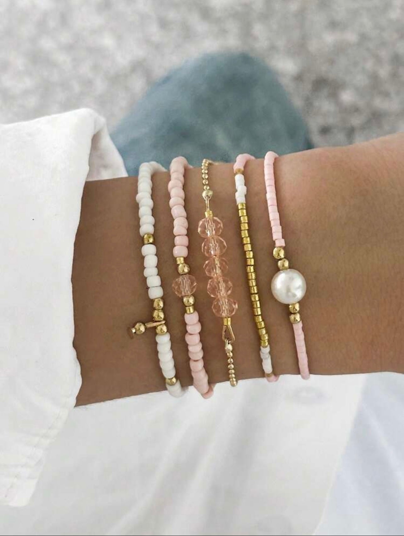5pc Pink & White Faux Pearl Bracelet Stack – Handmade Holiday & Party Jewellery