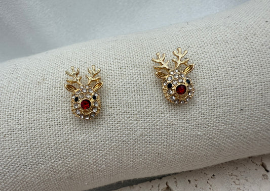 Rhinestone Reindeer Stud Earrings – Festive Sparkle, Tarnish-Resistant