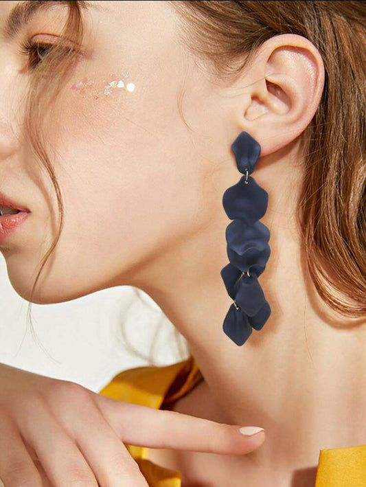 Gold & Royal Blue Satin Finish Petal Dangle Earrings – Nature-Inspired Elegance with a Bold Twist