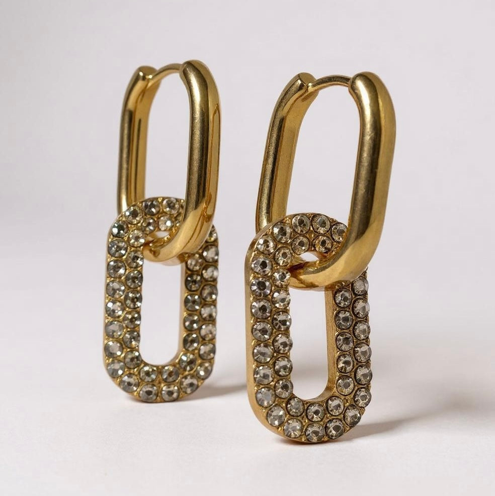 Gold Geometric Rhinestone Encrusted Double-Wear Earrings – Modern Versatility with a Sophisticated Twist | Tarnish Resistant
