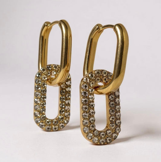 Gold Geometric Rhinestone Encrusted Double-Wear Earrings – Modern Versatility with a Sophisticated Twist | Tarnish Resistant