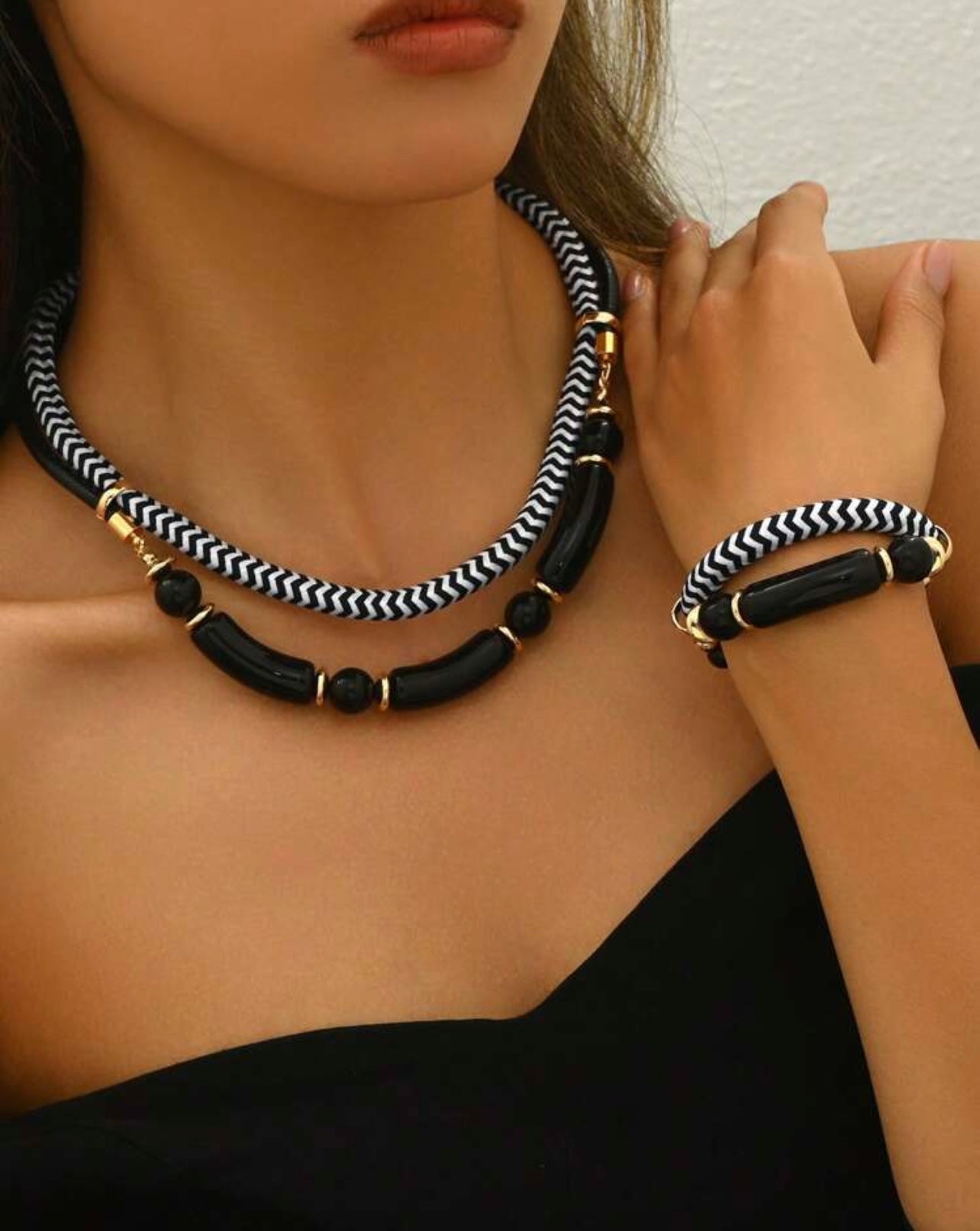 2pc Nautical Black Cord Necklace & Bracelet Set – Exaggerated Choker Style with Gold Accents