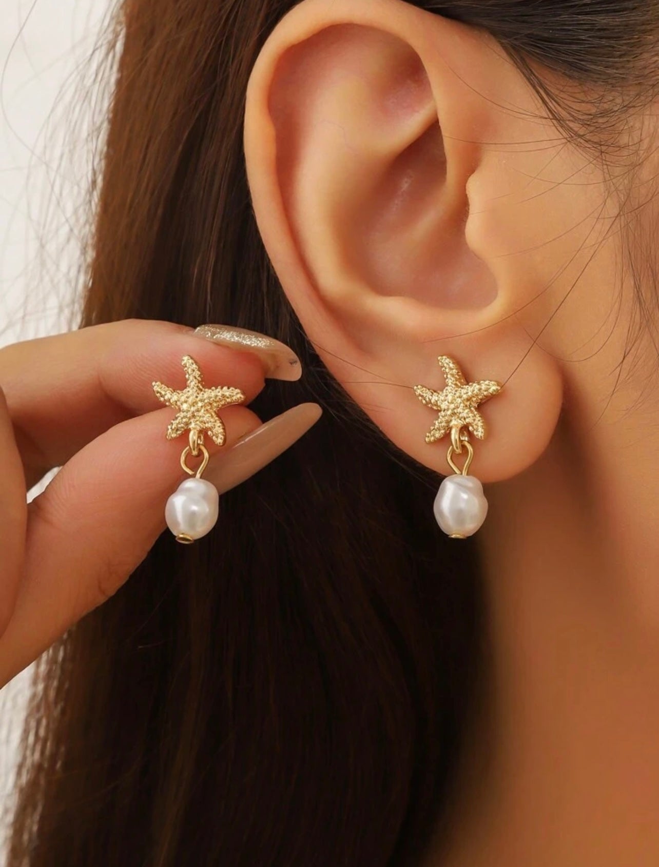 Minimalist Gold Starfish & Faux Pearl Drop Earrings