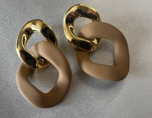 Gold and Khaki Geometric Drop Earrings – Bold Colour, Modern Edge
