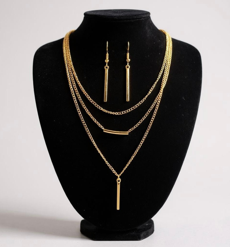 Gold Bohemian Minimalist Jewellery Set – Geometric Pendant Necklace & Earrings