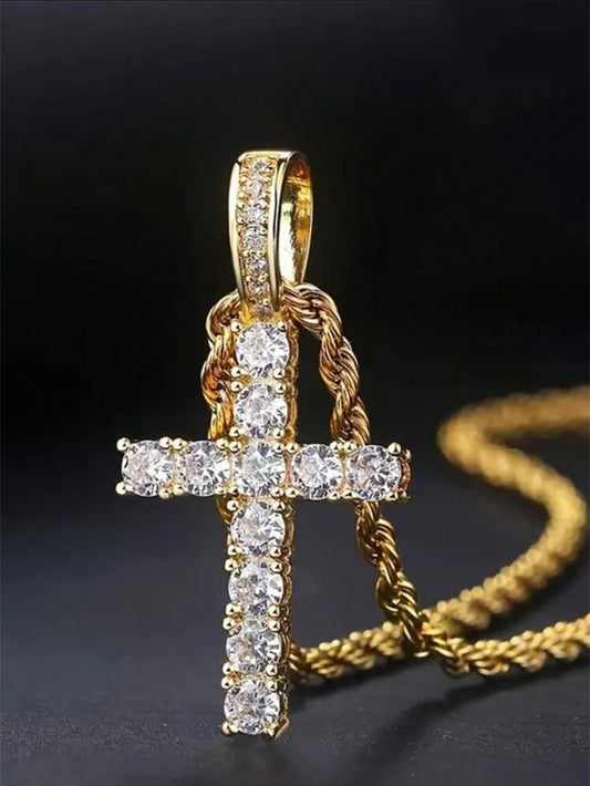 9k Gold-Plated Cubic Zirconia Cross Necklace – Elegant Valentine’s & Wedding Gift for Her