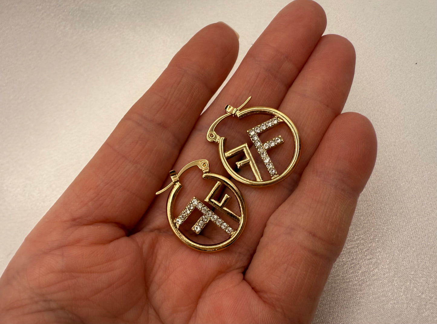 Premium Letter "F" Rhinestone Hoop Earrings – Inspired by Fendi – Elegant Statement Jewelry