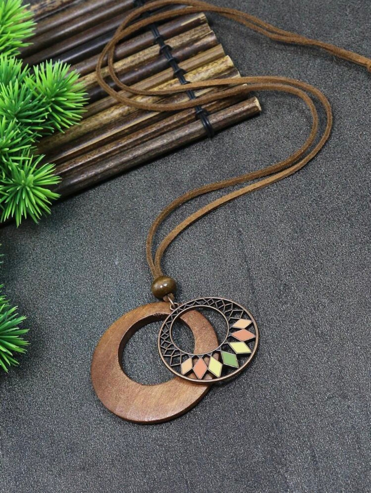 3pc Antique Copper Boho Necklace & Earrings Set – Wooden Rhombus Pendant Jewellery for Daily Wear & Events