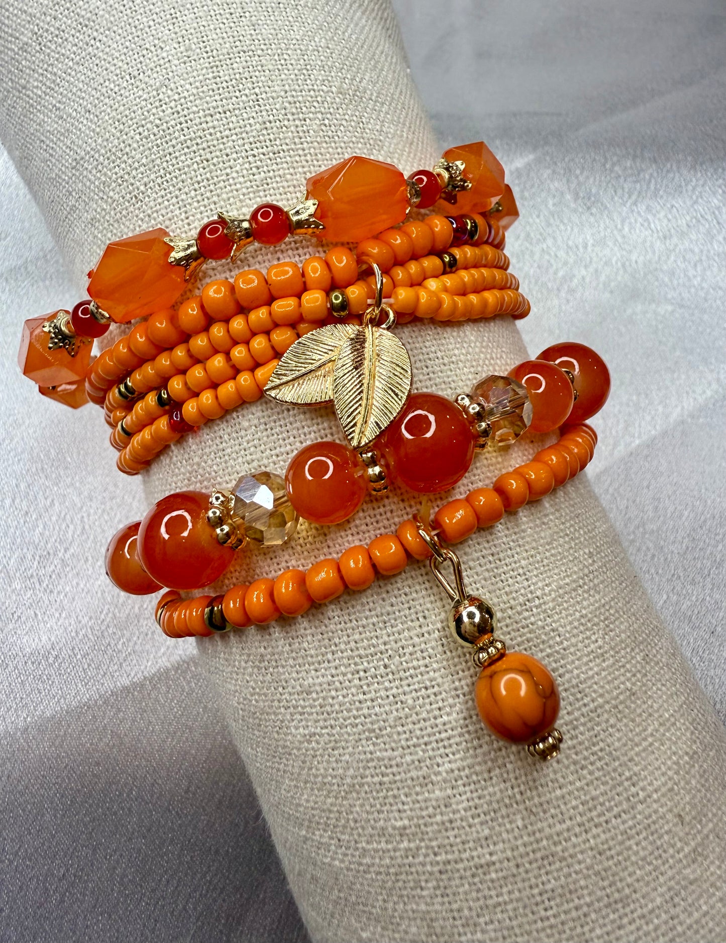 4pc Handmade Orange Seed & Glass Beaded Bracelet Stack – Vibrant Jewellery Set for Women