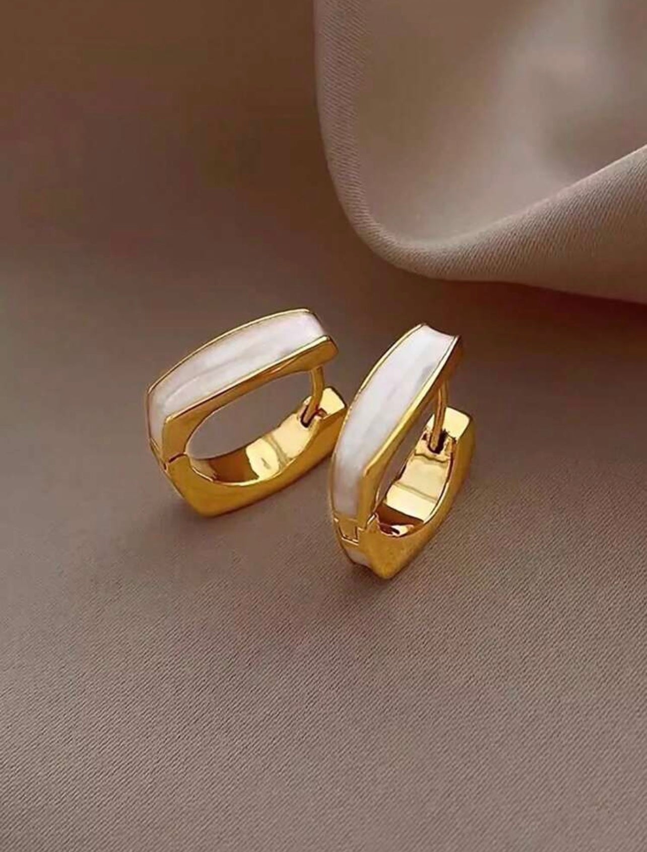 Gold & Cream Enamel Square Hoop Earrings – Lightweight Modern Glamour