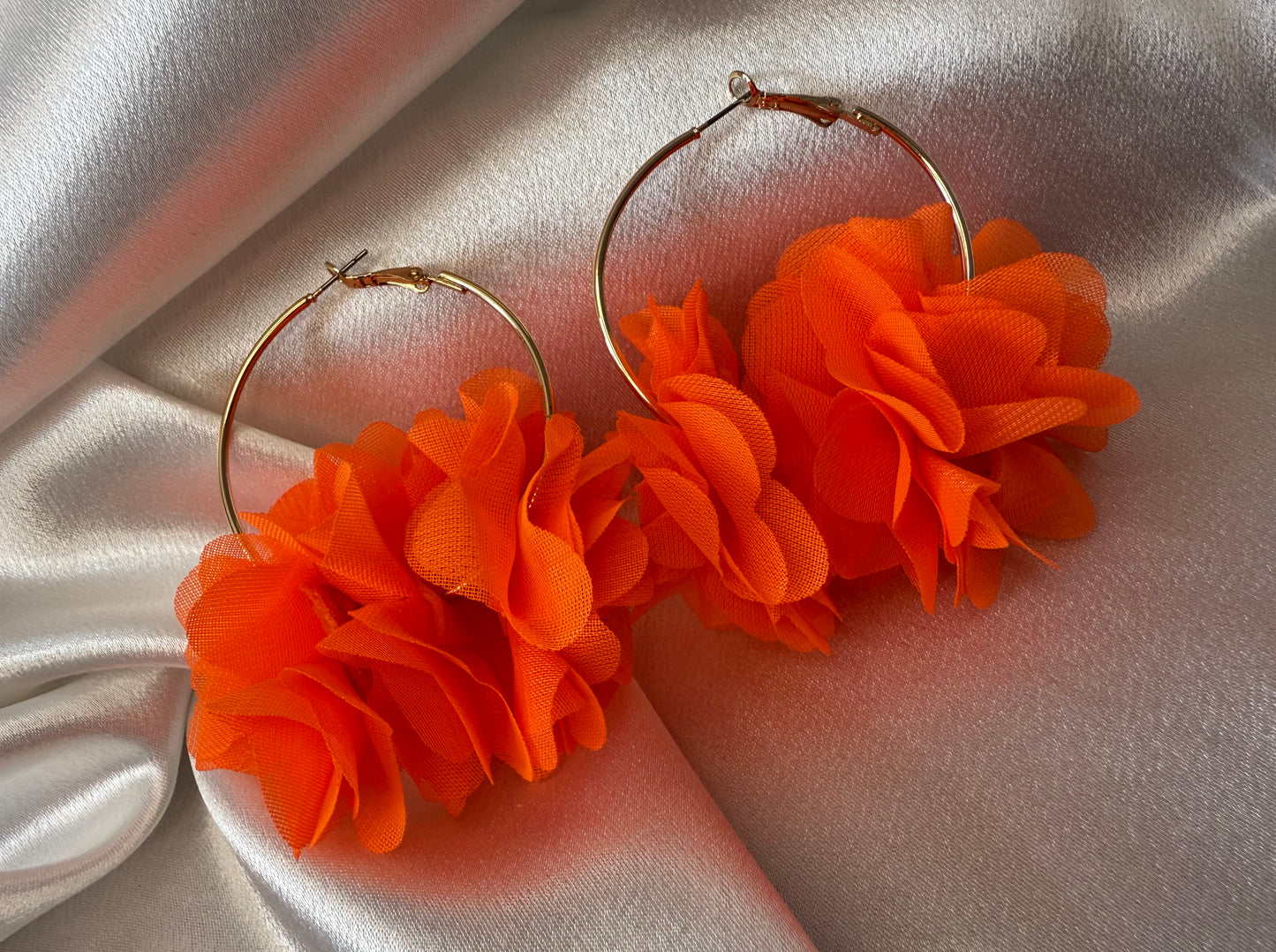 Gold Hoop Earrings with Neon Orange Floral Organza – Bold Statement Set (5 x 7 cm)