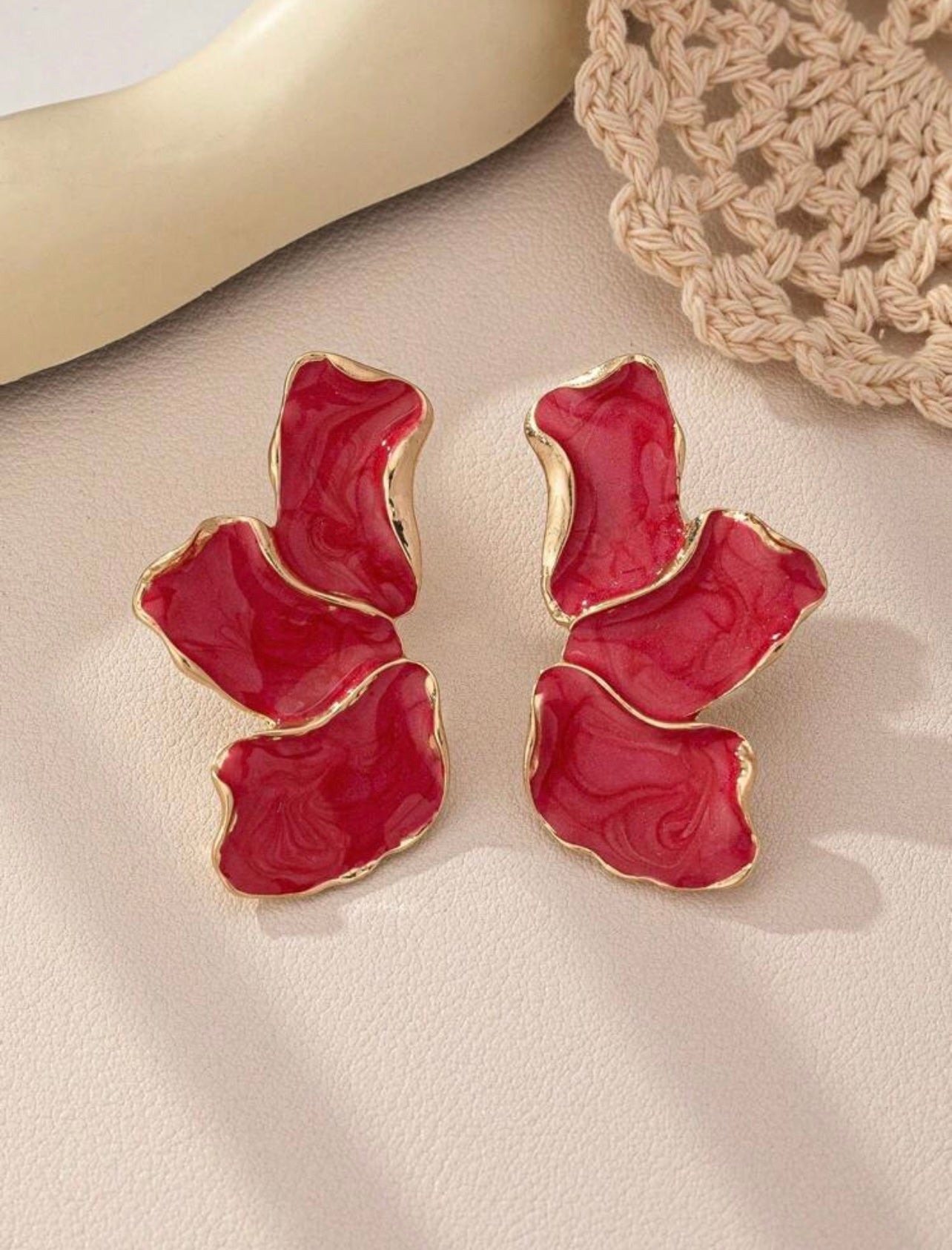 Elegant Gold & Red Enamel Flower Oil Drop Earrings