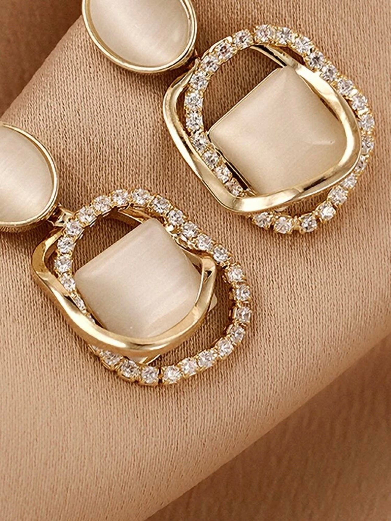 Gold & Beige Diamanté Drop Earrings – Soft Glamour with a Translucent Touch