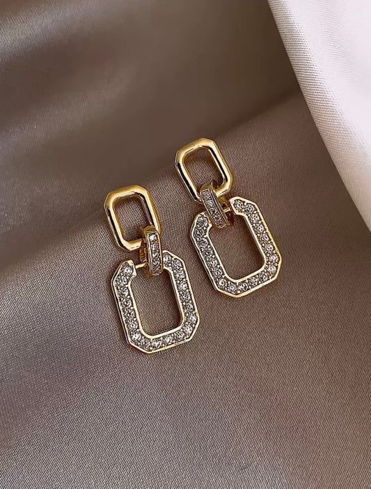 Dramatic Gold Rhinestone Geo Drop Earrings – Tarnish Resistant