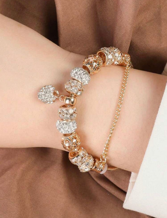Pandora-Inspired Full Charm Heart Bracelet – Rhinestone-Embellished Luxury Style Jewellery – 17cm