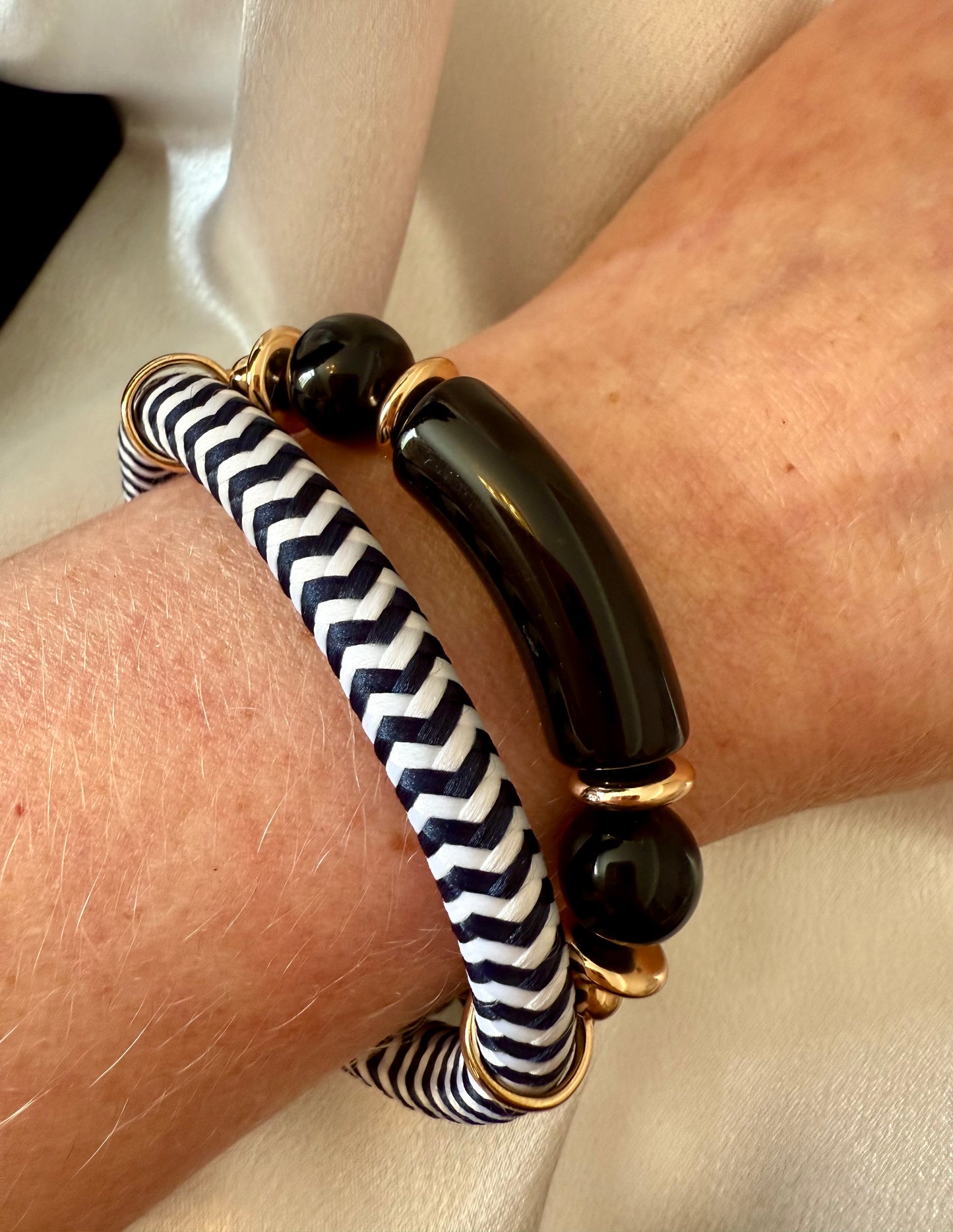 2pc Nautical Black Cord Necklace & Bracelet Set – Exaggerated Choker Style with Gold Accents