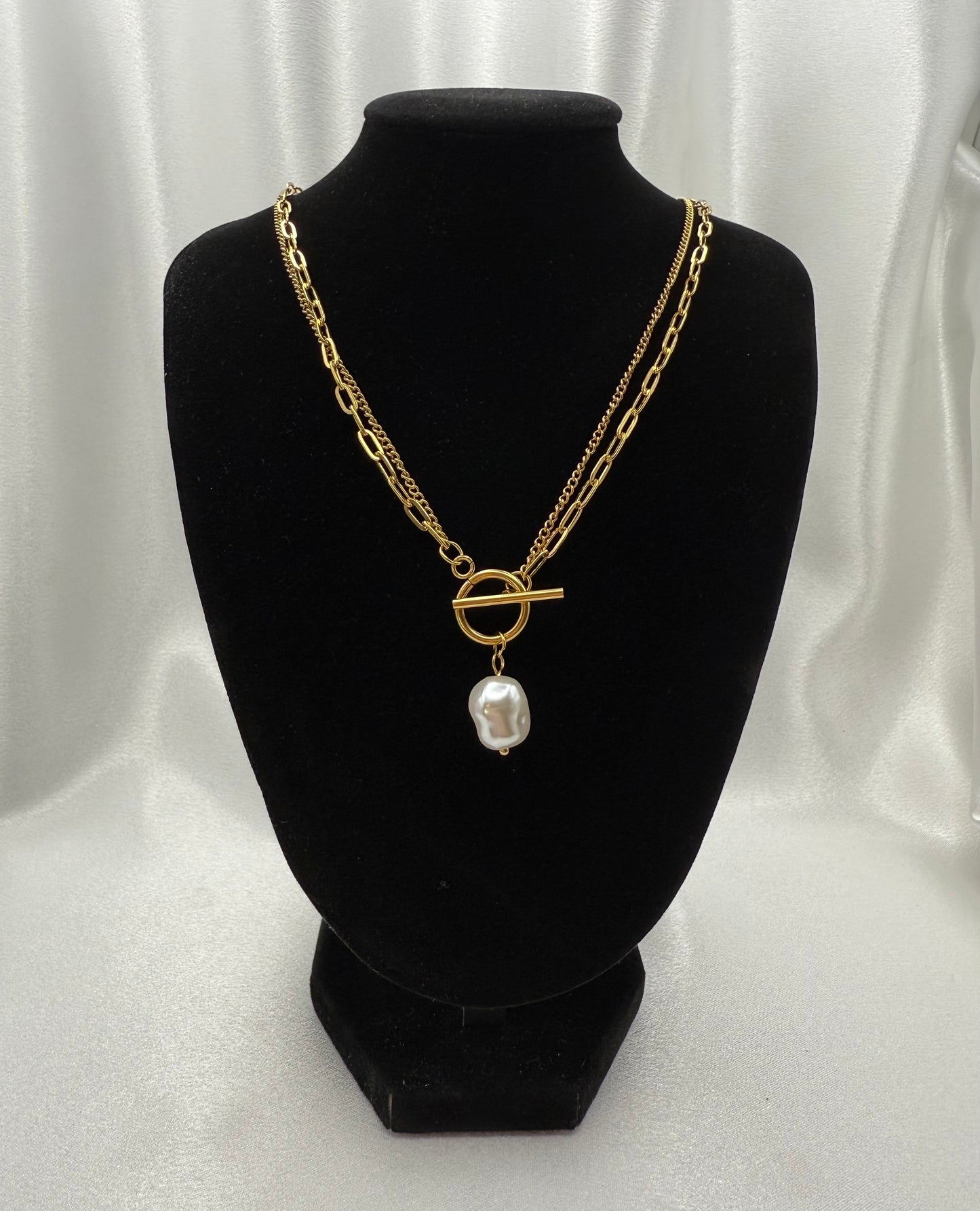 18k Gold Plated T-Bar Pearl Pendant Double Layer Necklace – Elegant, Radiant & Timeless