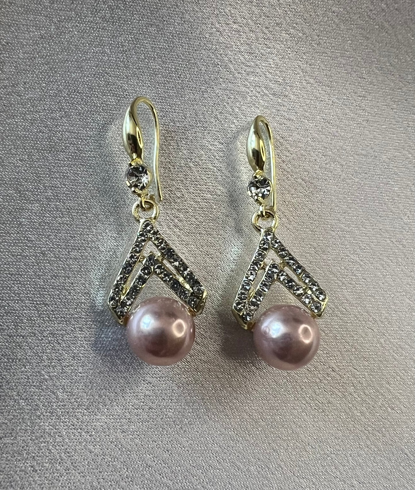 Art Deco Gold Diamanté & Faux Rose Pearl Drop Earrings – Vintage Glamour with a Modern Twist