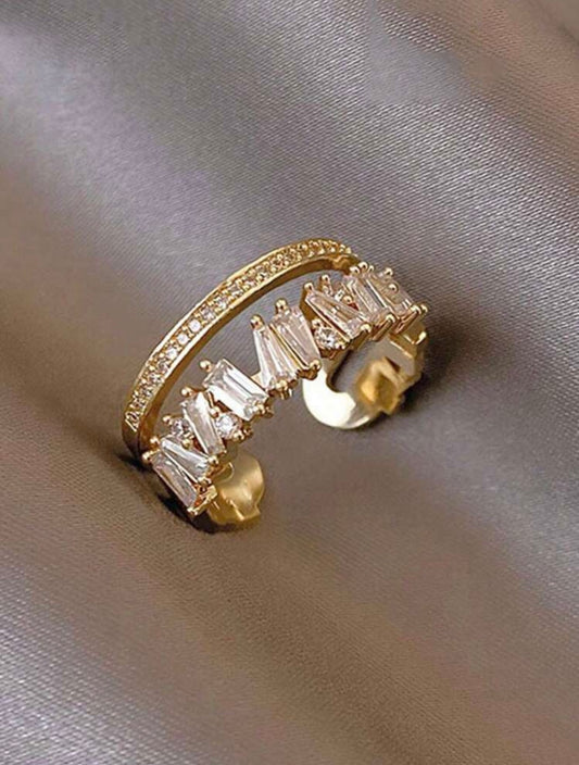 Gold-Tone Double-Layer Zirconia Open Ring – High-End Asymmetrical Sparkle
