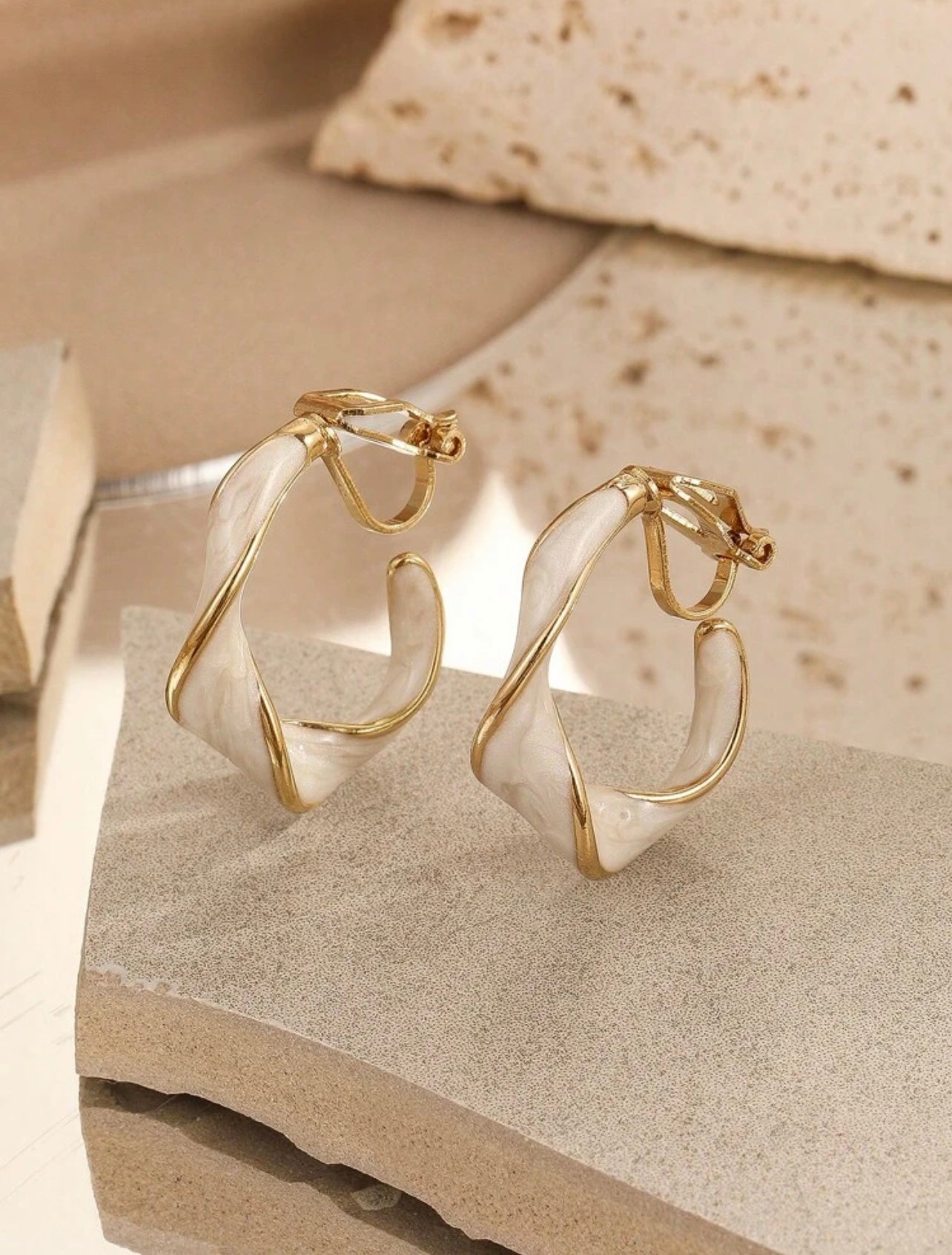 Gold & Cream Twisted Enamel Clip-On Hoop Earrings – Elegant Style, No Piercing Needed