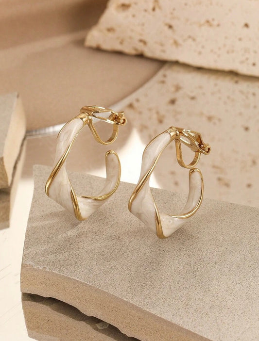 Gold & Cream Twisted Enamel Clip-On Hoop Earrings – Elegant Style, No Piercing Needed