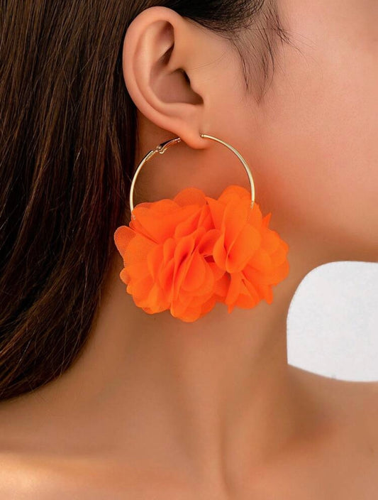Gold Hoop Earrings with Neon Orange Floral Organza – Bold Statement Set (5 x 7 cm)