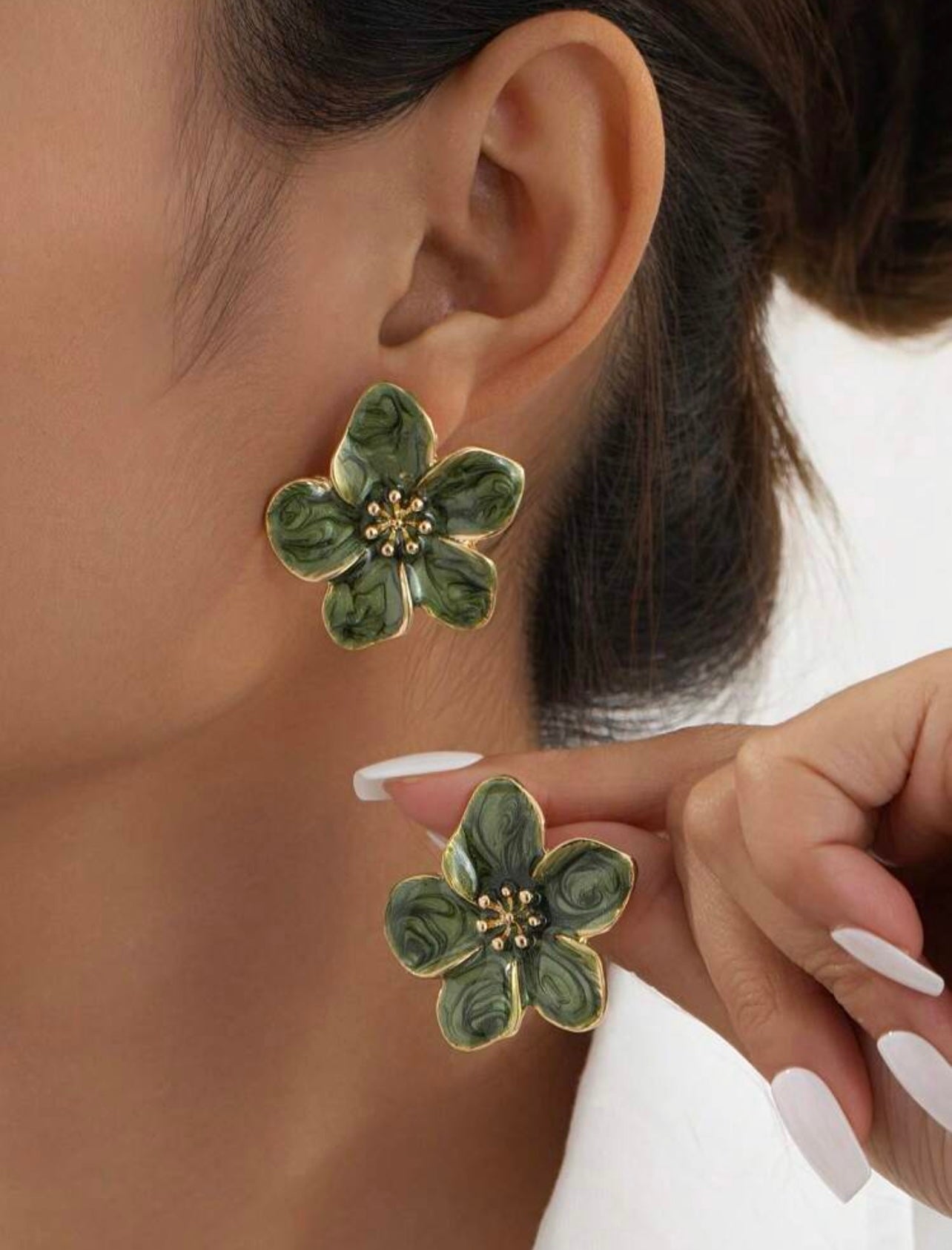 Delicate Sweet Gold and Green Enamel Flower Stud Earrings
