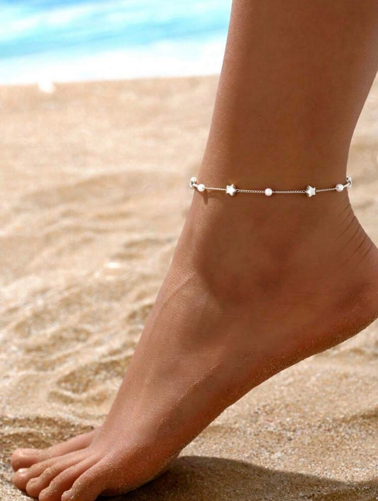 Silver Star & Faux Pearl Anklet – Minimalist Beach-Inspired Foot Jewellery
