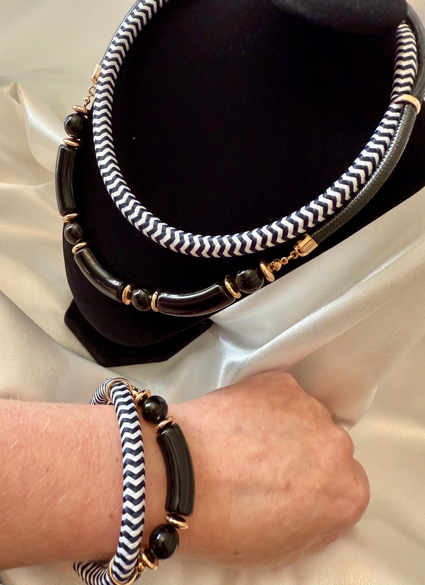 2pc Nautical Black Cord Necklace & Bracelet Set – Exaggerated Choker Style with Gold Accents