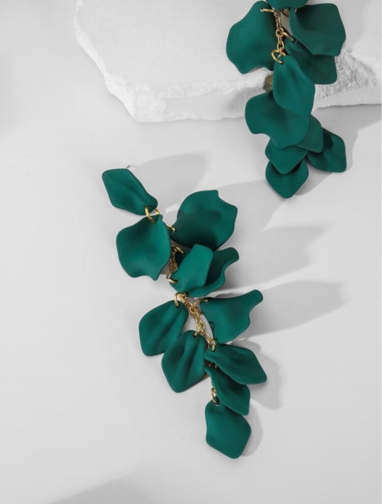 Gold & Dark Green Matte Petal Dangle Earrings – Nature-Inspired Elegance with a Modern Edge