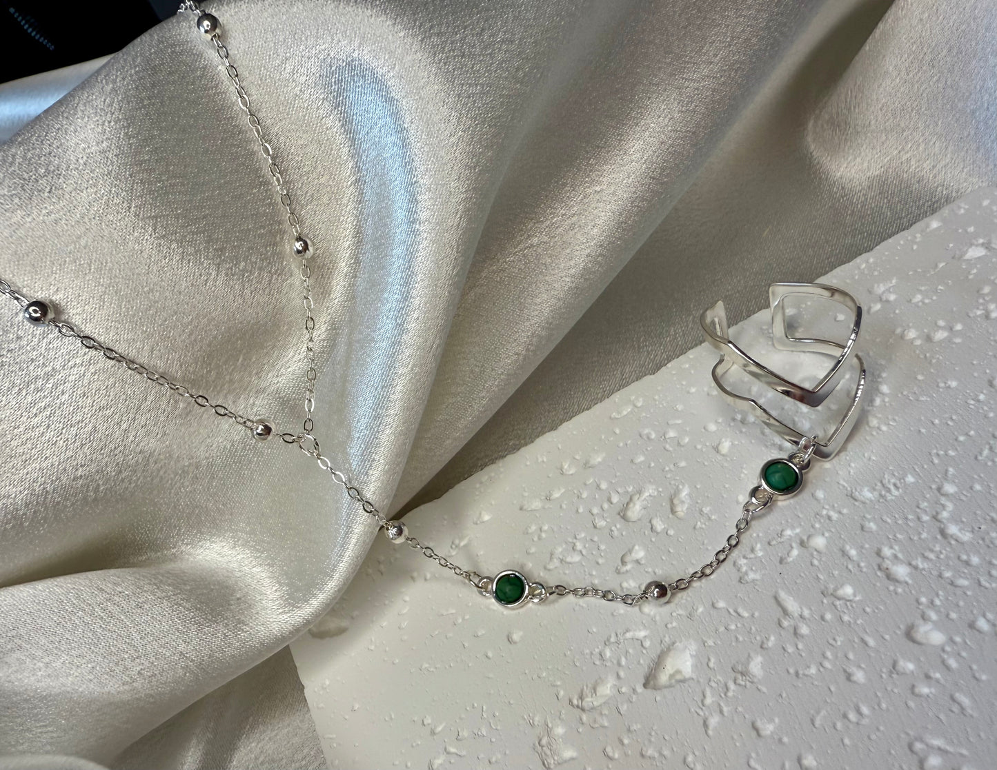 Silver Bean Hand Chain with Turquoise  Style Beads – Adjustable Minimalist Jewellery