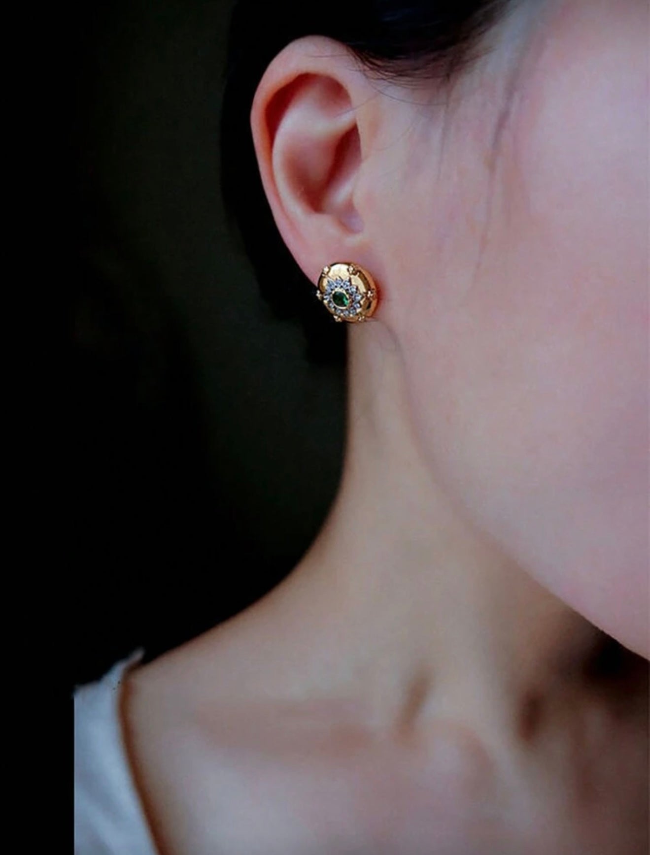 Delicate Carved Vintage Palace Style 18K Gold Plated Earrings with Green Zirconia Stone