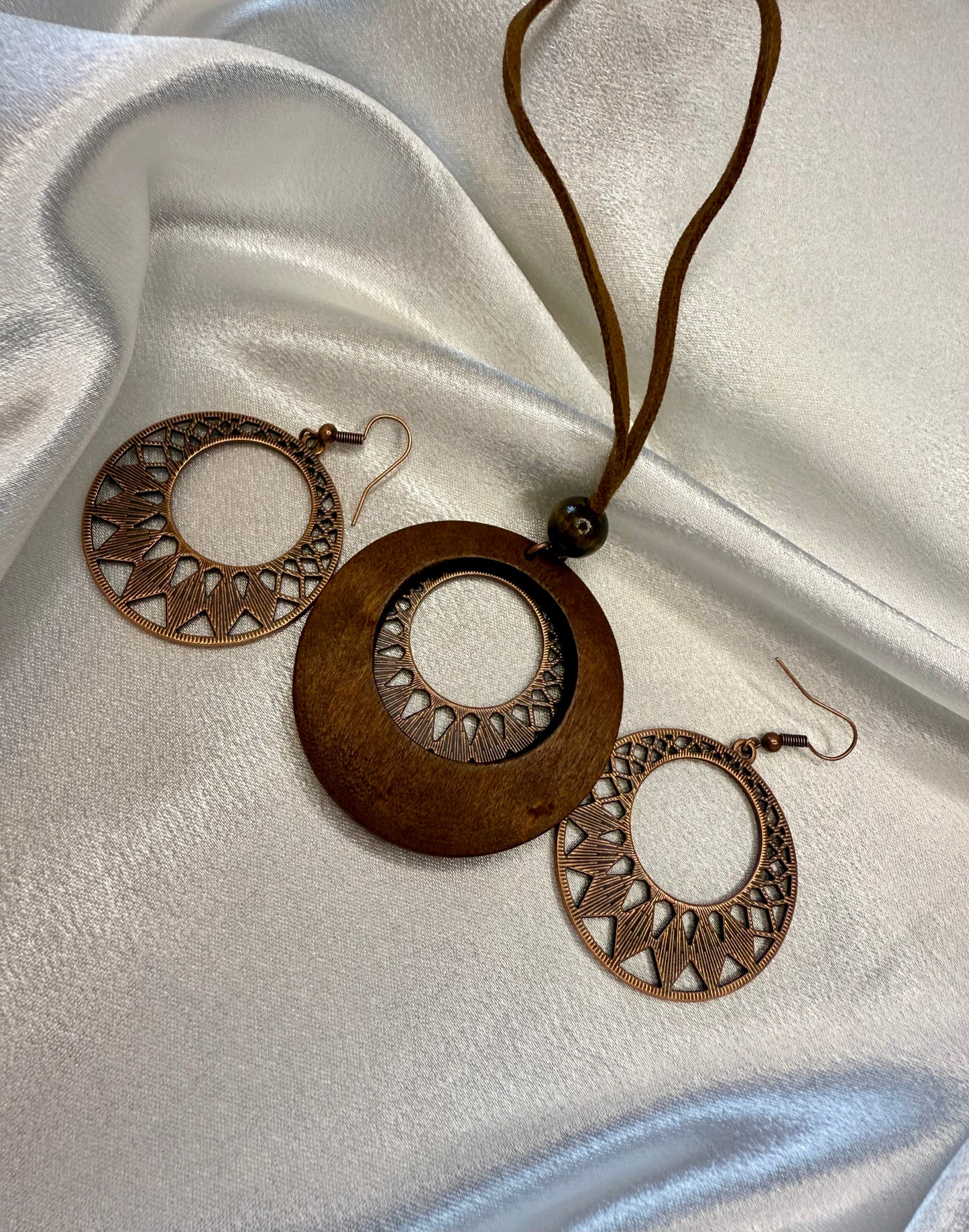 3pc Antique Copper Boho Necklace & Earrings Set – Wooden Rhombus Pendant Jewellery for Daily Wear & Events
