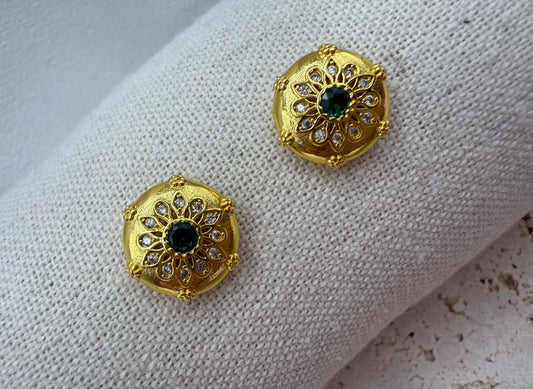 Delicate Carved Vintage Palace Style 18K Gold Plated Earrings with Green Zirconia Stone