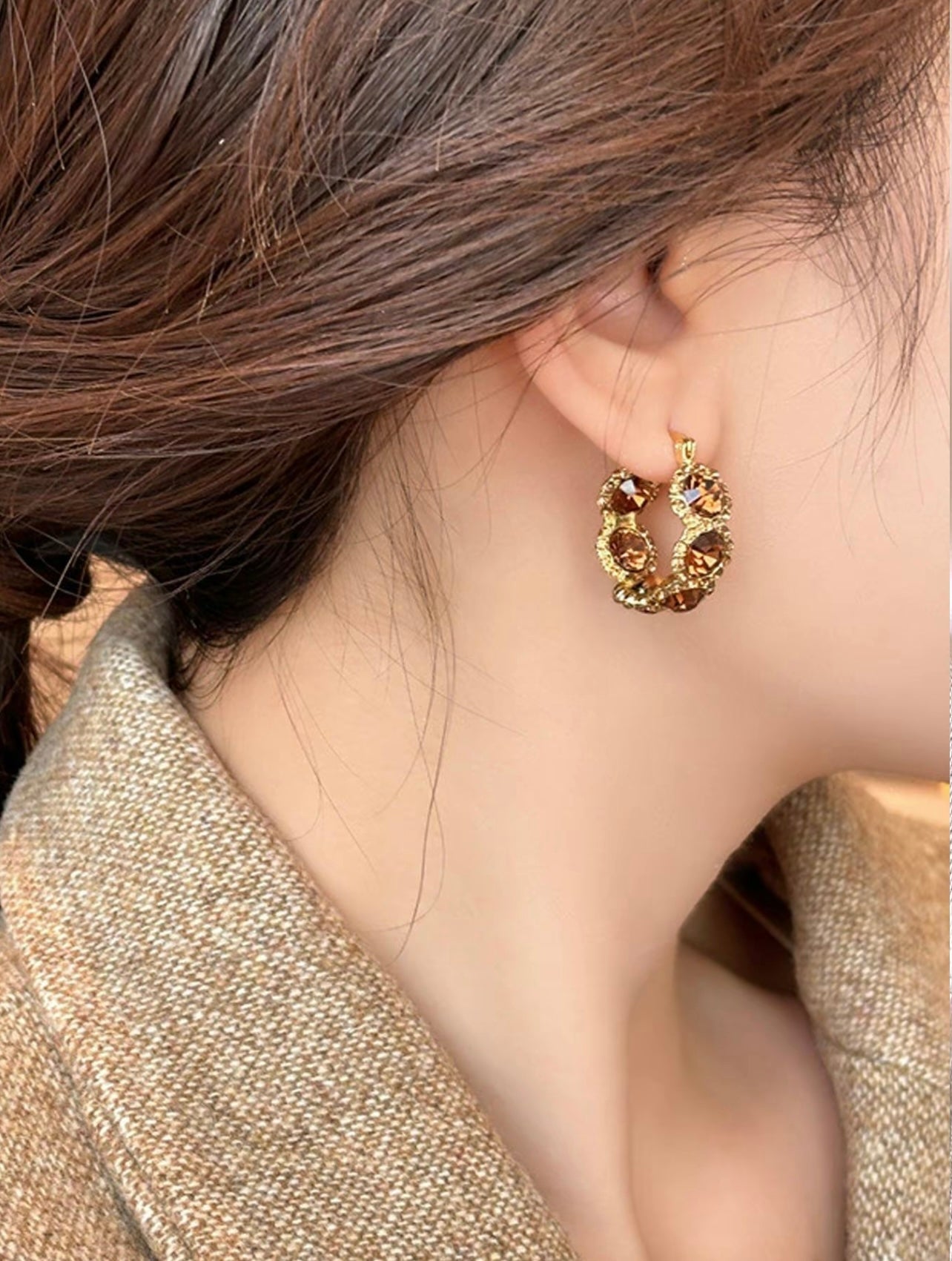 Gold Amber Rhinestone Small Hoop Earrings – Warm Tones, Everyday Sparkle