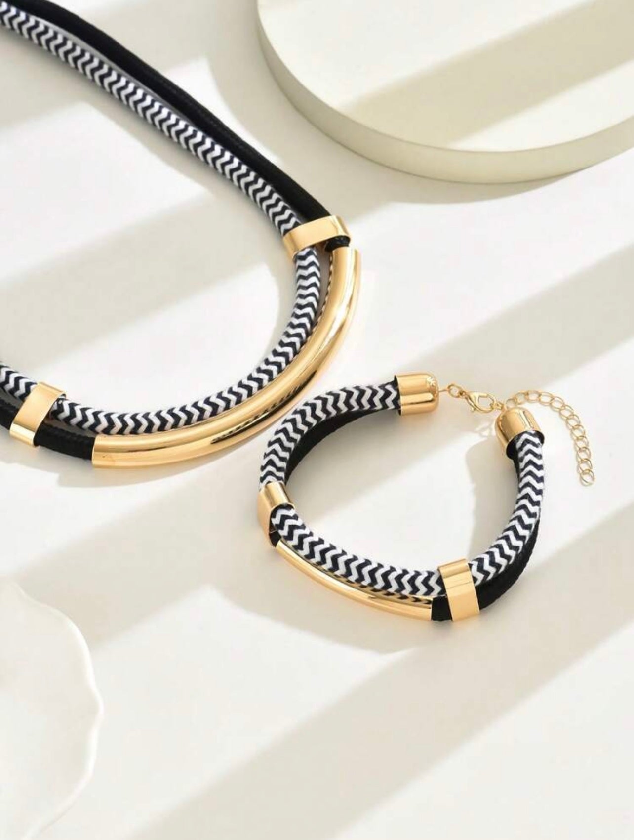 2pc Nautical Black Cord Choker And Bracelet Set – Multicolour Statement Necklaces with Gold Accents