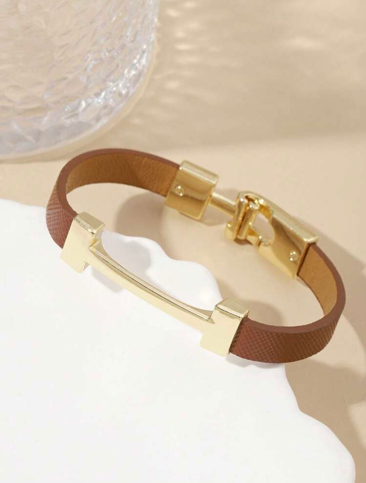 Tan & Gold Hermès-Inspired Faux Leather Bracelet – Elegant Fashion Wristband Gift for Her