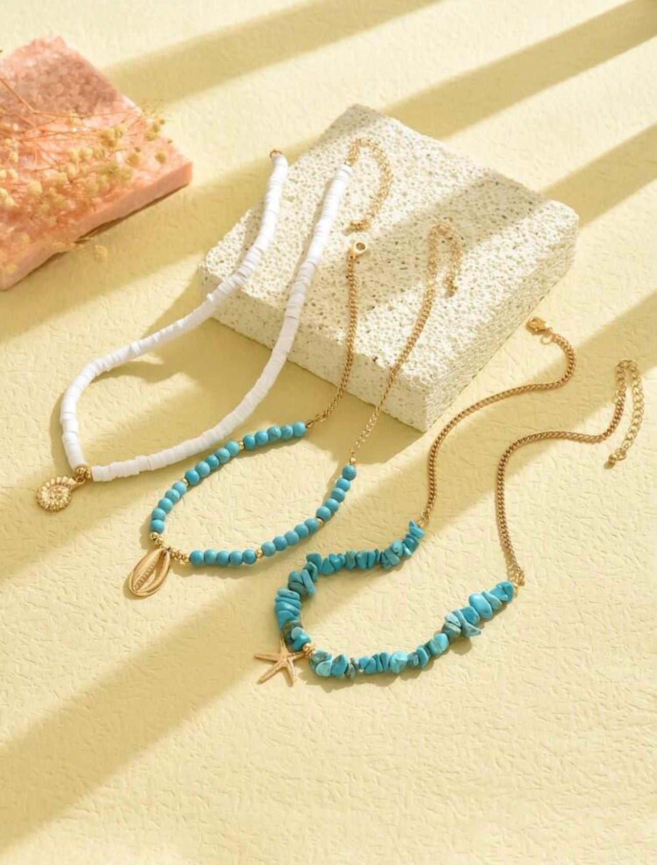 3pc Turquoise Ocean Necklace Set – Ceramic Beads with Metallic Shell, Conch & Starfish Pendants