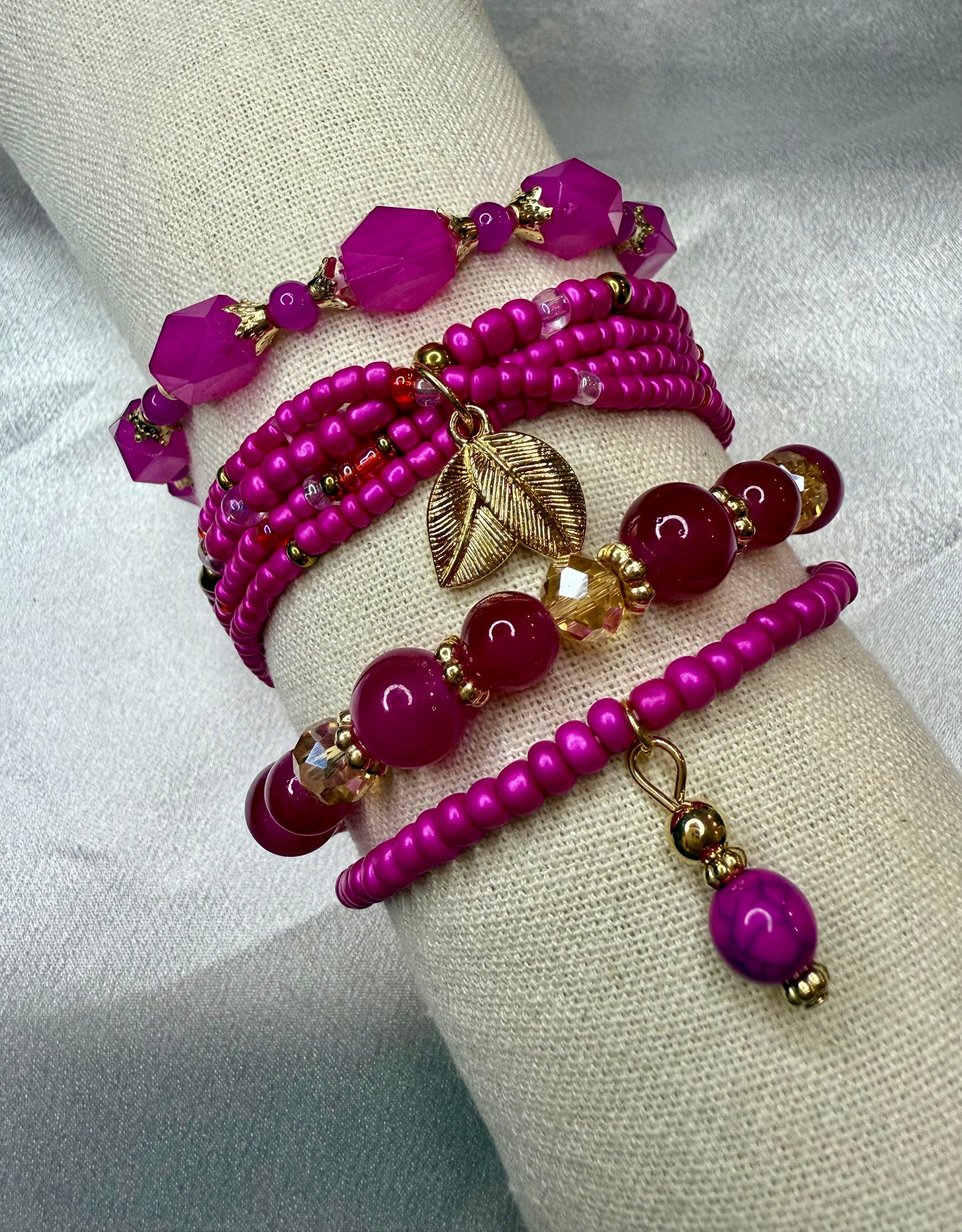 4pc Handmade Pink Seed & Glass Beaded Bracelet Stack – Vibrant Jewellery Set for Women
