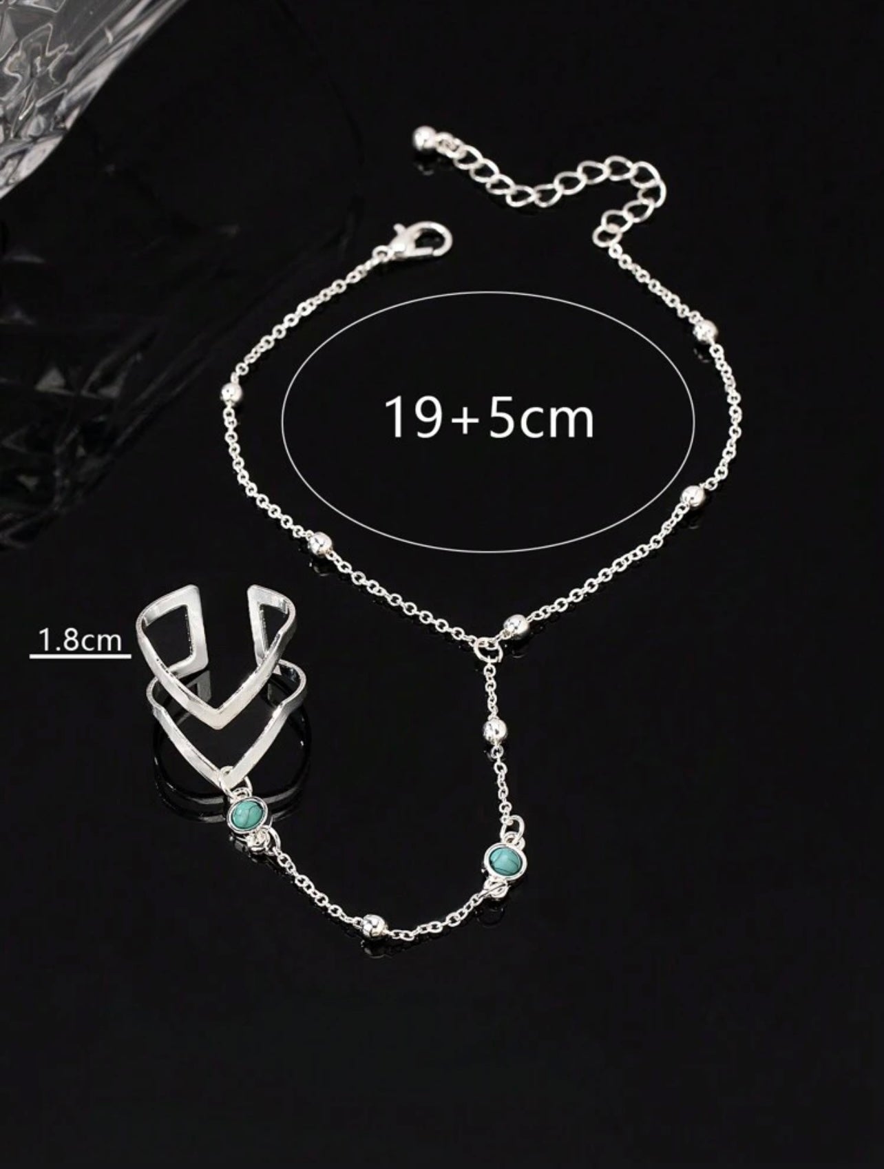 Silver Bean Hand Chain with Turquoise  Style Beads – Adjustable Minimalist Jewellery