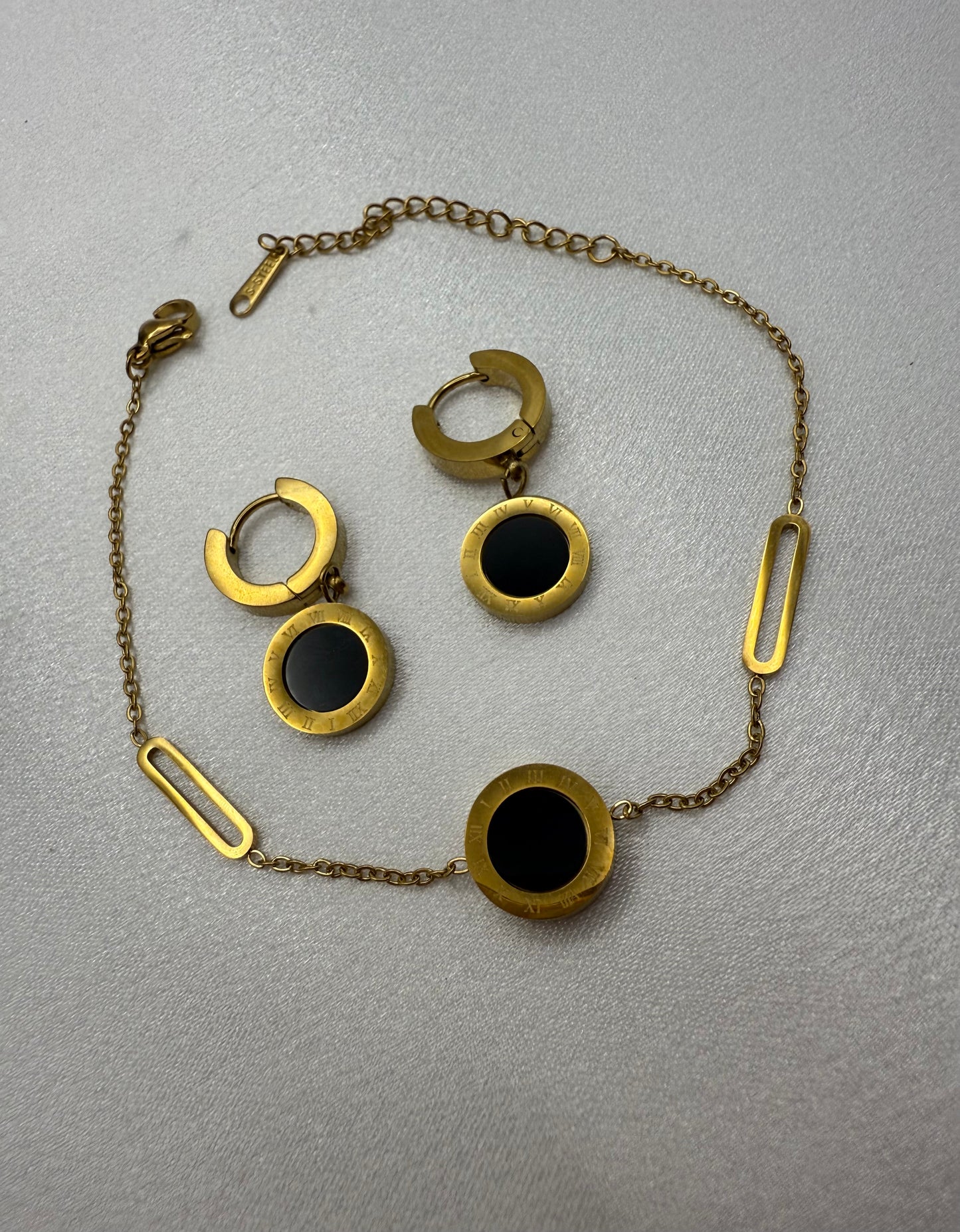 18K Gold-Plated Inspired Roman Numeral Necklace, Bracelet & Earrings Set – Tarnish-Resistant