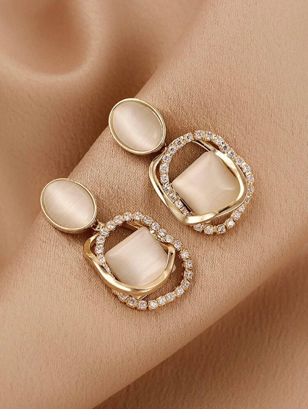 Gold & Beige Diamanté Drop Earrings – Soft Glamour with a Translucent Touch