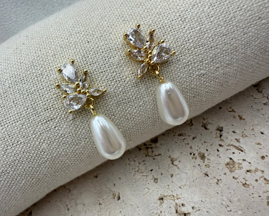 Gold-Plated Pearl & Cubic Zirconia Drop Earrings – Bridal Elegance for Weddings & Daily Glamour