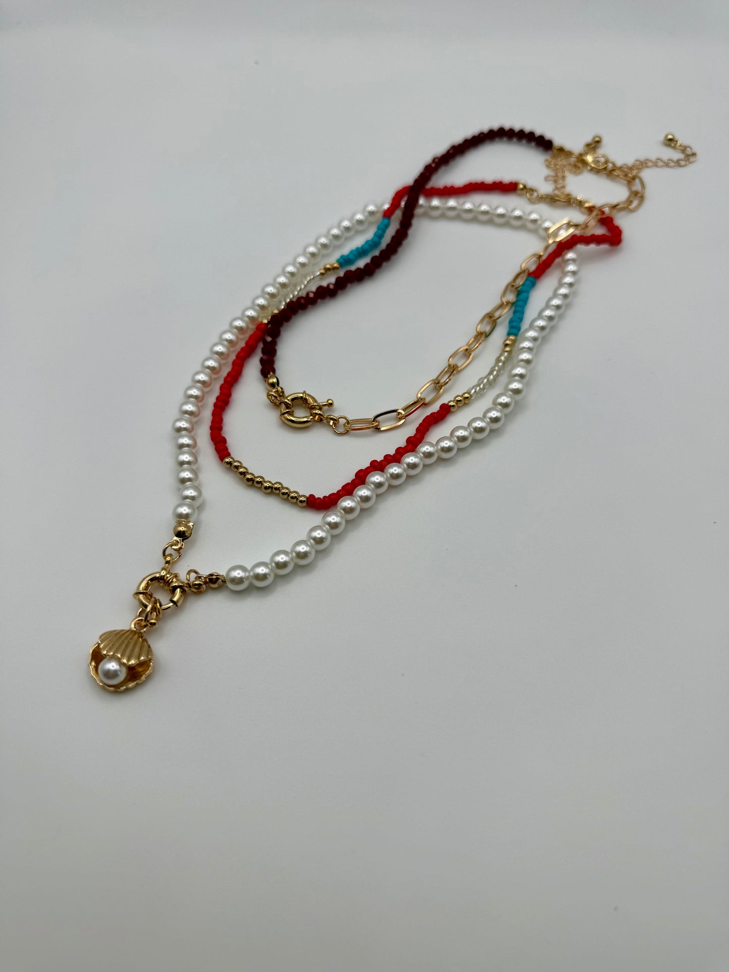 3pc Nautical Shell Necklace Set – Faux Pearls, Red & Blue Beads, and Gold Charm Accents