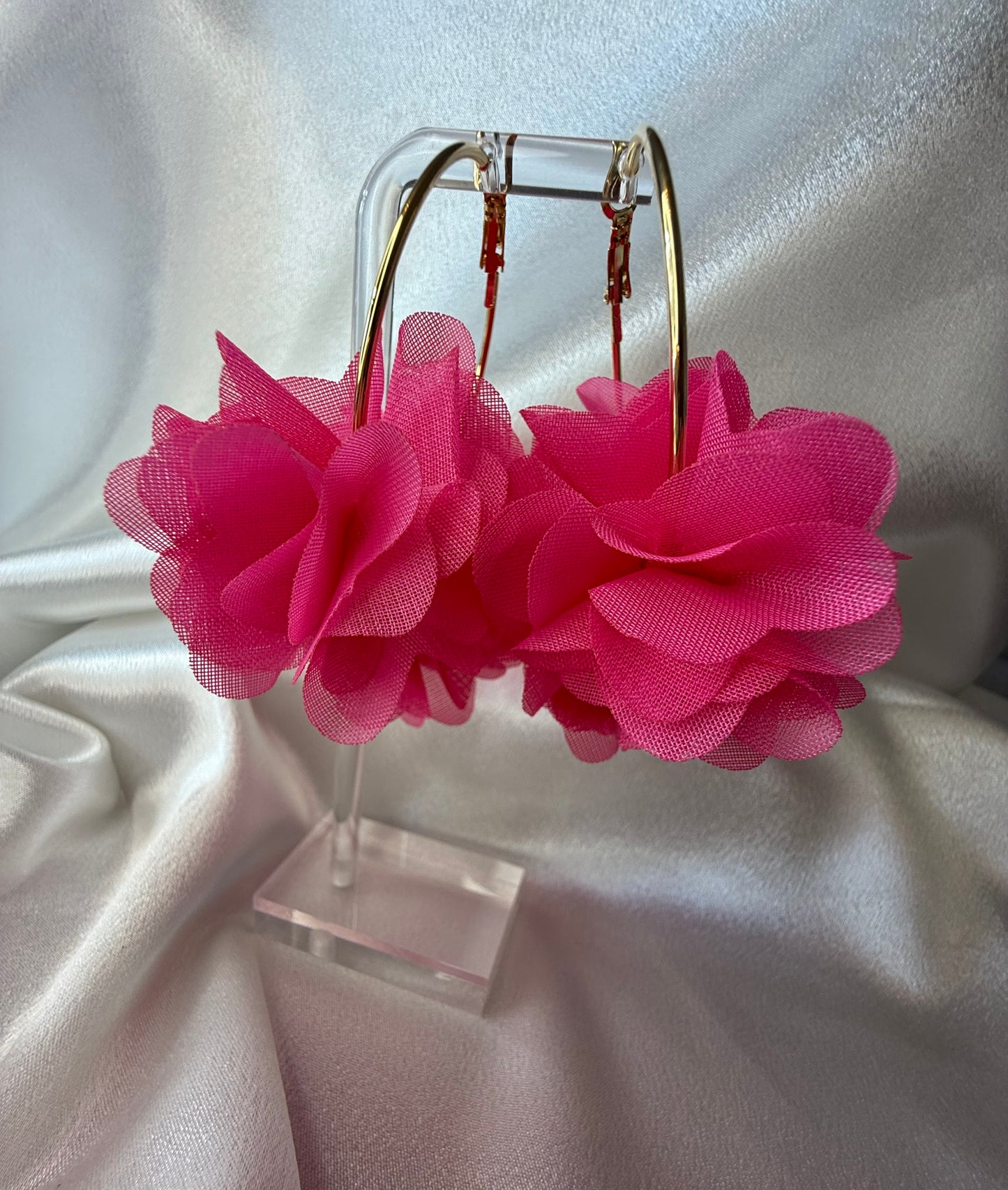 Gold Hoop Earrings with Neon Pink Floral Organza – Bold Statement Set (5 x 7 cm)